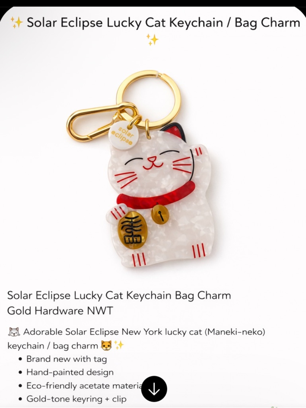 Eclipse White & Red Lucky Cat Keychain with Gold Hardware